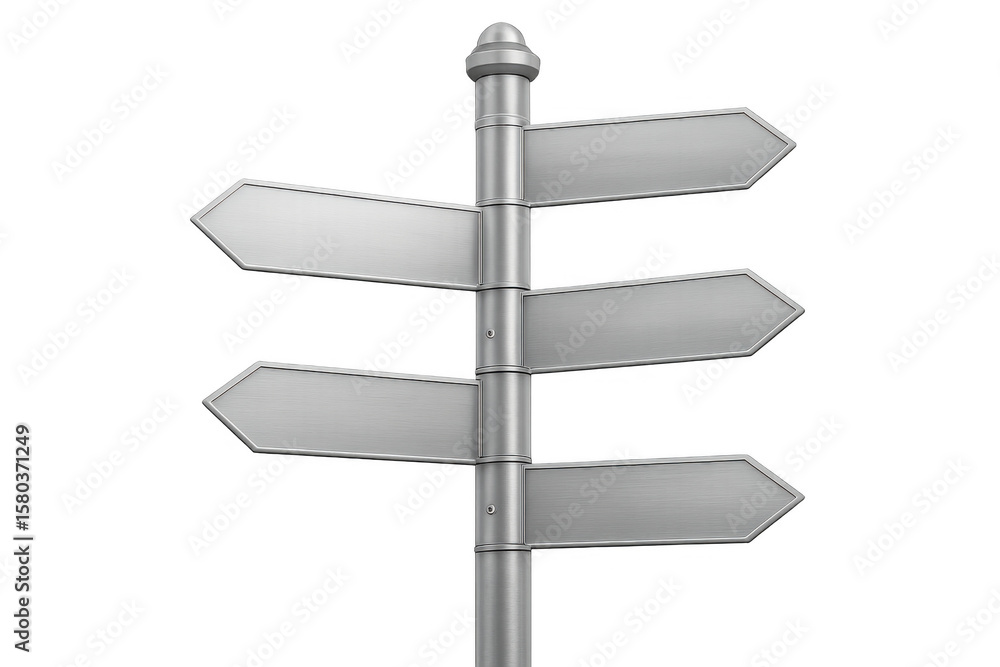 Obraz premium Metal sign post displaying four blank directional arrows against transparent background, ready for personalized messaging
