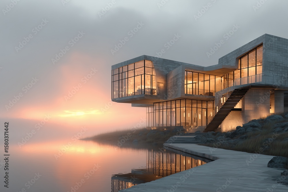 Fototapeta premium Modern architecture at sunset with ocean mist