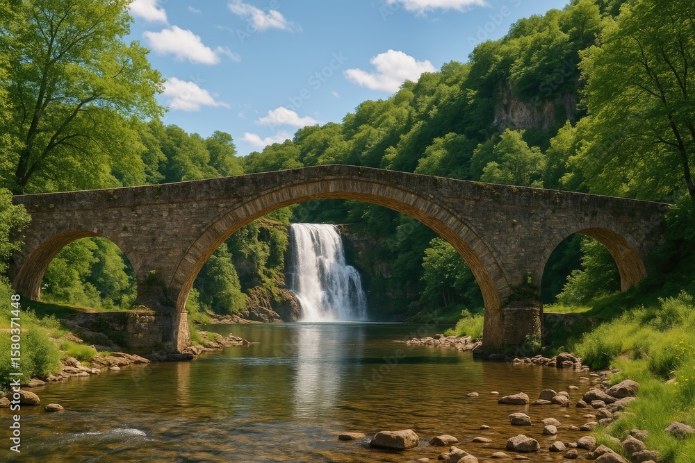Ancient structure spanning a stream beside a cascading waterfall Ancient structure spanning a stream beside a cascading waterfall