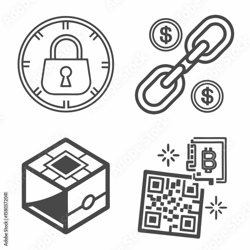Set of four icons representing cryptocurrency and digital security concepts