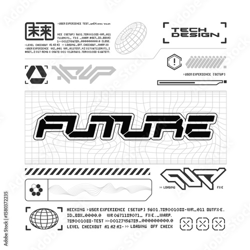 Abstract futuristic elements for poster, flyer, t-shirt merch and apparel printing. Futuristic vector signs set with text, Sci-fi and HUD box, cyberpunk digital elements, chinese inscriptions