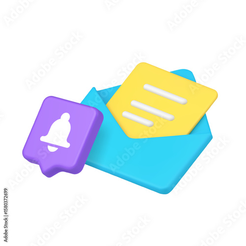 Open blue envelope with notification mark represents email alert, digital message update, communication signal, and incoming correspondence. Isolated 3d icon realistic vector illustration