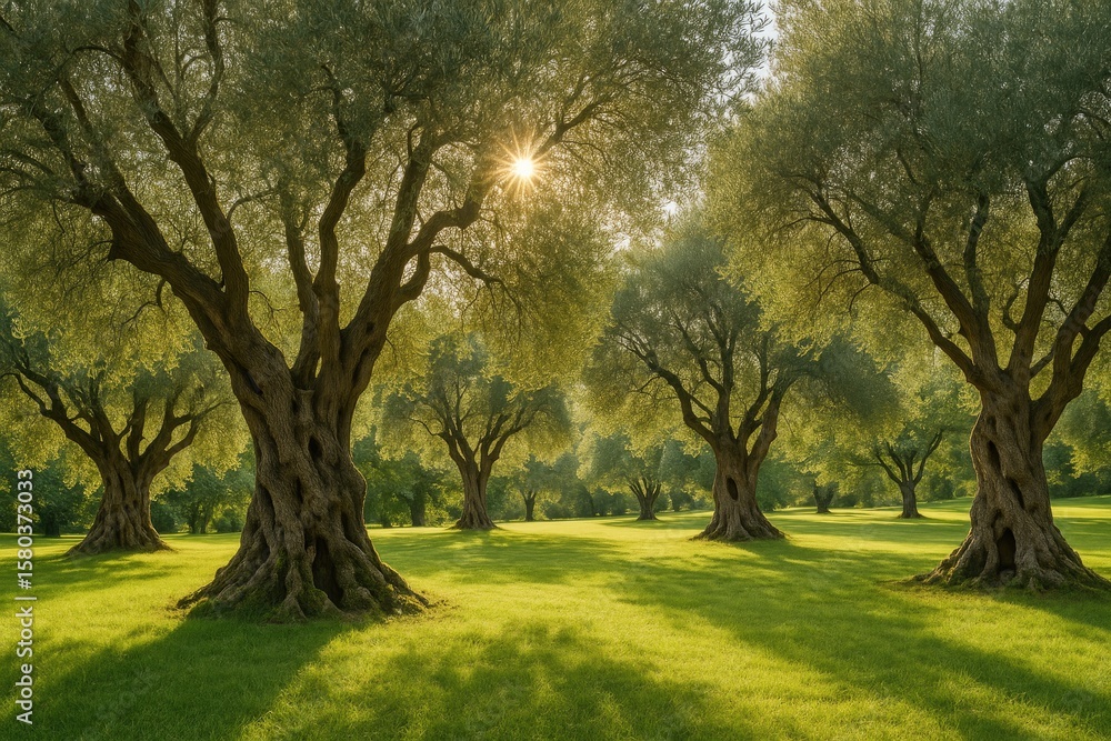 Fototapeta premium Ancient towering olive trees in the park setting