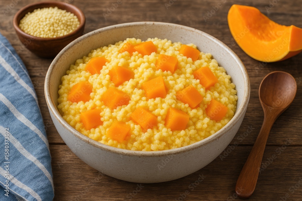 Creamy vegan millet porridge topped with sweet pumpkin served in a rustic bowl Creamy vegan millet porridge topped with sweet pumpkin served in a rustic bowl