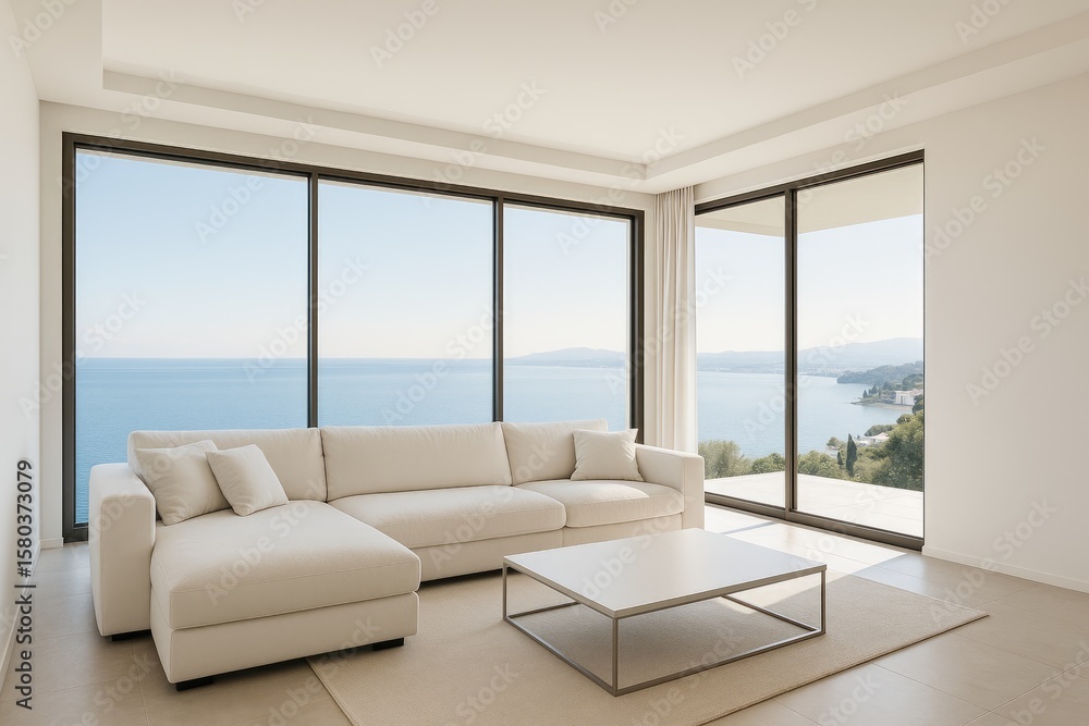 Fototapeta premium Spacious lounge featuring a white sofa and a breathtaking panoramic vista