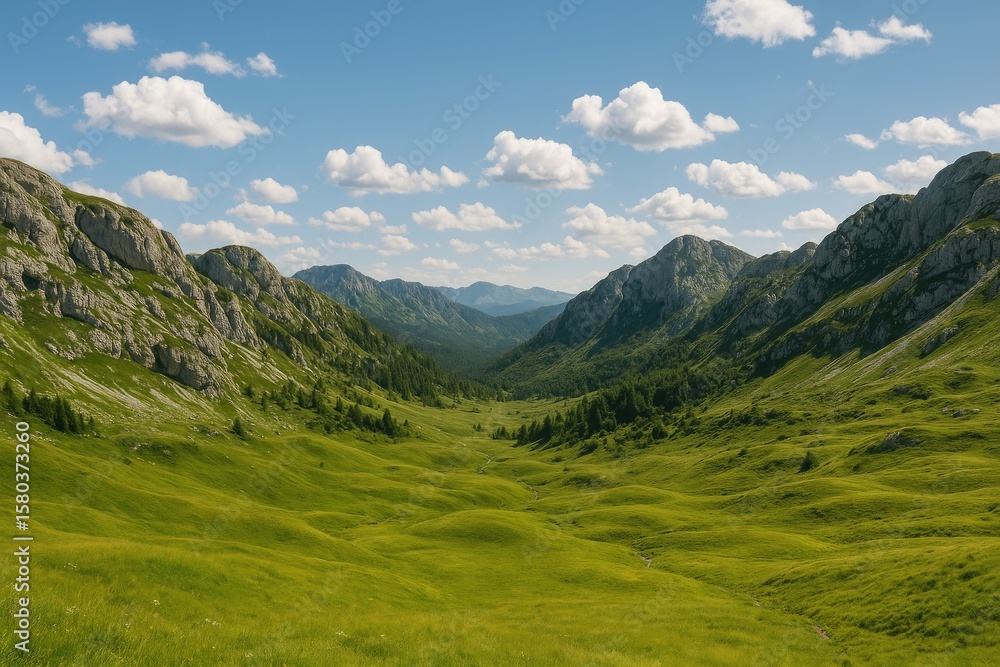 Obraz premium Serene mountain scenery featuring gentle rocky peaks and lush green valleys
