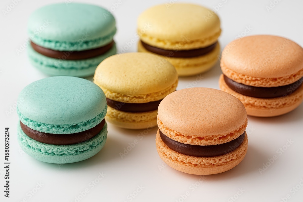 Close-up of pastel-colored macarons with chocolate filling on a white backdrop, detailed banner display Close-up of pastel-colored macarons with chocolate filling on a white backdrop, detailed banner display