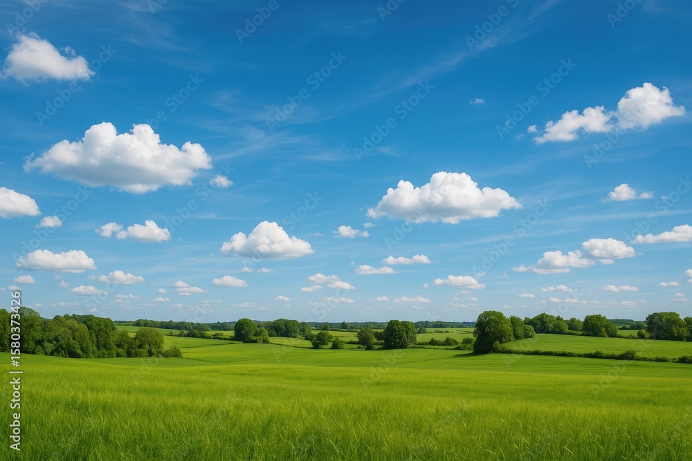 Natural scenery background featuring a rural landscape with a vast field and a cloudy blue sky Natural scenery background featuring a rural landscape with a vast field and a cloudy blue sky