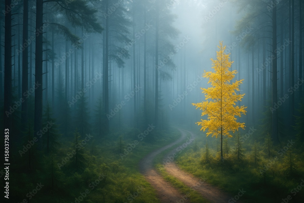 Obraz premium Vast sunrise scene featuring towering evergreens shrouded in morning mist, with a detailed shot of a young golden tree. Enchanting natural scenery illuminated by sunlight and blue hues. Mystical and