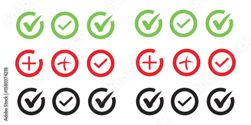 Check mark icon button set. Check box icon with right and wrong buttons and yes or no checkmark icons in green tick box and red cross. Isolated checkmark symbol, right and wrong sign concept.