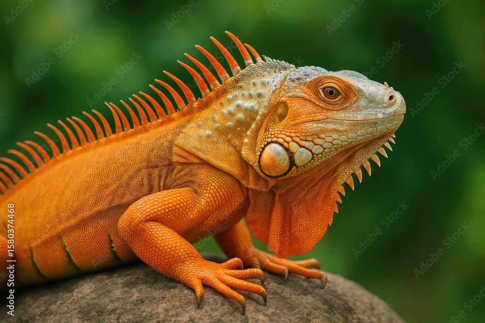 Fototapeta premium Bright orange iguana climbing over a rocky surface