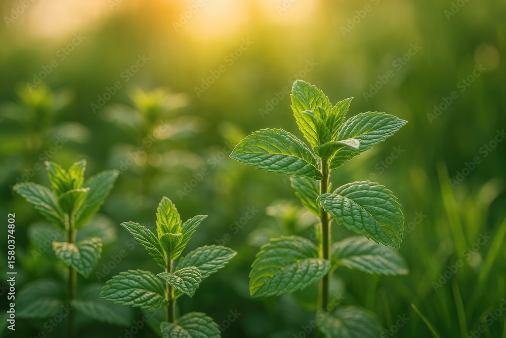 Fresh mint foliage basking in sunset glow in the wild Fresh mint foliage basking in sunset glow in the wild