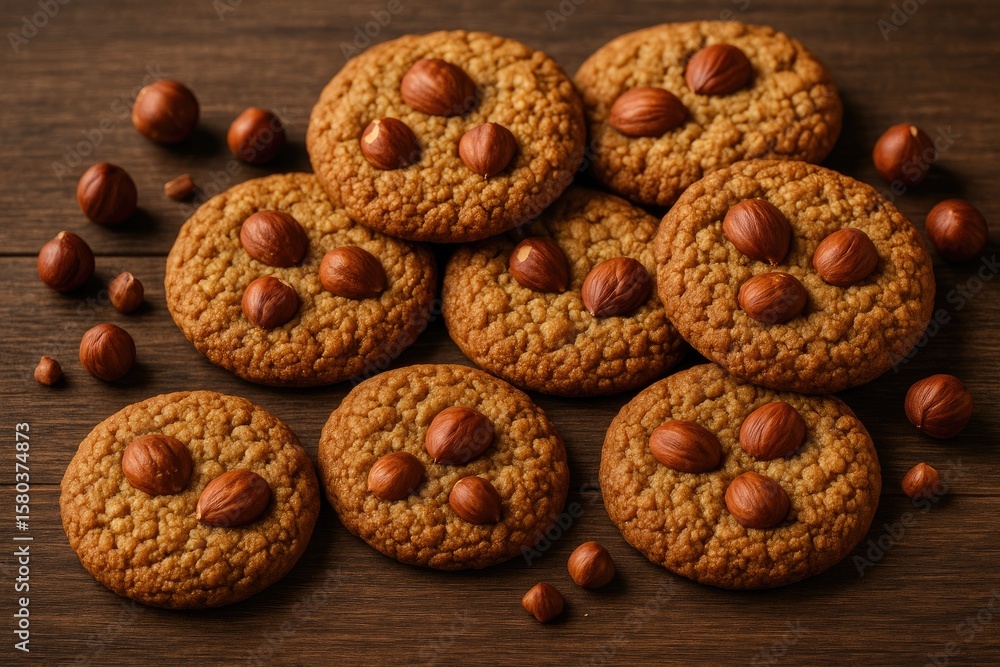 Fototapeta premium Crunchy oat cookies featuring hazelnuts on rustic wooden surface