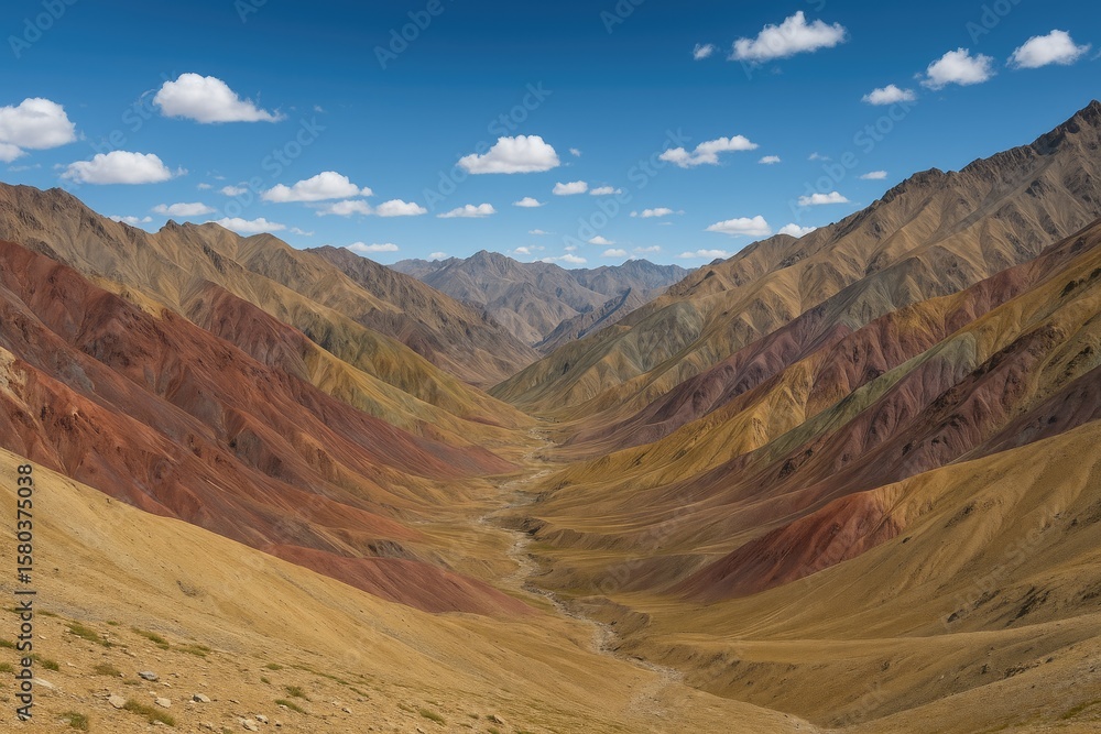 Naklejka premium Wide-angle landscape of vibrant peaks along the route to Ganda La Pass in Markha Valley Trek