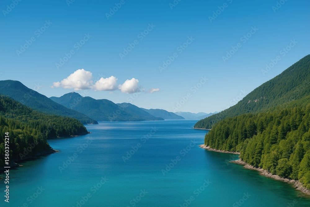 Naklejka premium Wide-angle scene showcasing the expansive sky, ocean, and mountain landscape