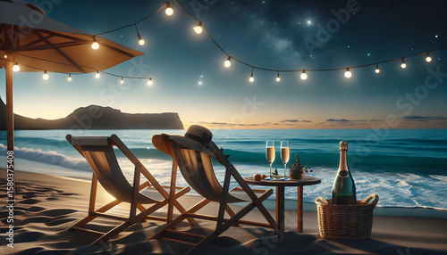 Zwei Liegestühle mit Sektlasche, Gläsern und Lichterkette in der Abendstimmung am Meer