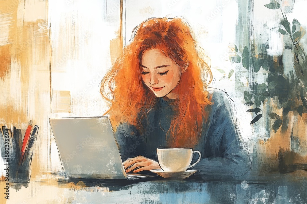 Fototapeta premium Happy freelancer working from a coffee shop, immersed in her work while enjoying a cup of coffee and the creative environment around her, Generative AI