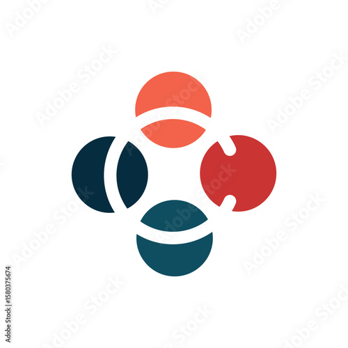 Four circular segments, two red/orange and two dark teal, arranged in a circular formation with internal curved lines