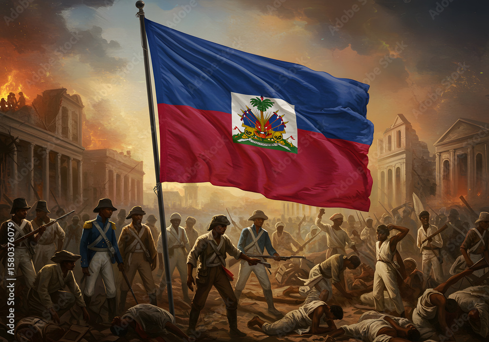 Obraz premium Haitian Revolution Illustration of Soldiers, Haiti Flag, Historic Battle Scene, Armed People, Buildings Burning.