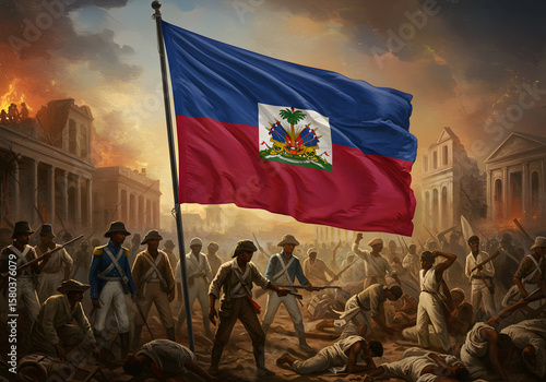 Haitian Revolution Illustration of Soldiers, Haiti Flag, Historic Battle Scene, Armed People, Buildings Burning.