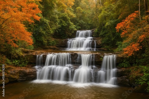 Autumn Scene at a Tropical Forest Waterfall in a National Park