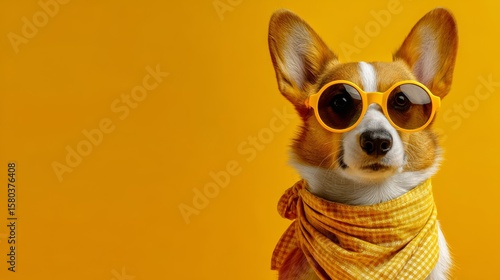 Happy playful corgi dog wearing bright yellow sunglasses and matching neckerchief on vibrant yellow background