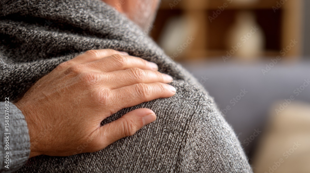 Fototapeta premium Reassuring Hand on Shoulder Offering Support and Comfort in Warm Indoor Environment with Soft Lighting