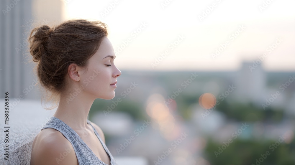 Fototapeta premium Young woman with closed eyes is enjoying a moment of tranquility on a rooftop, overlooking a blurred cityscape at sunset, embodying peace and relaxation