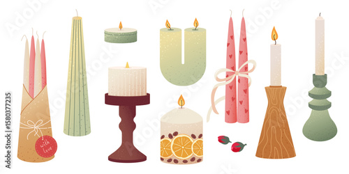 Vector set of cozy decorative candles in soft pastel tones Textured illustrations with burning flame, holders, hearts Scented candlelight exudes cozy relax atmosphere for card, banner, poster, print
