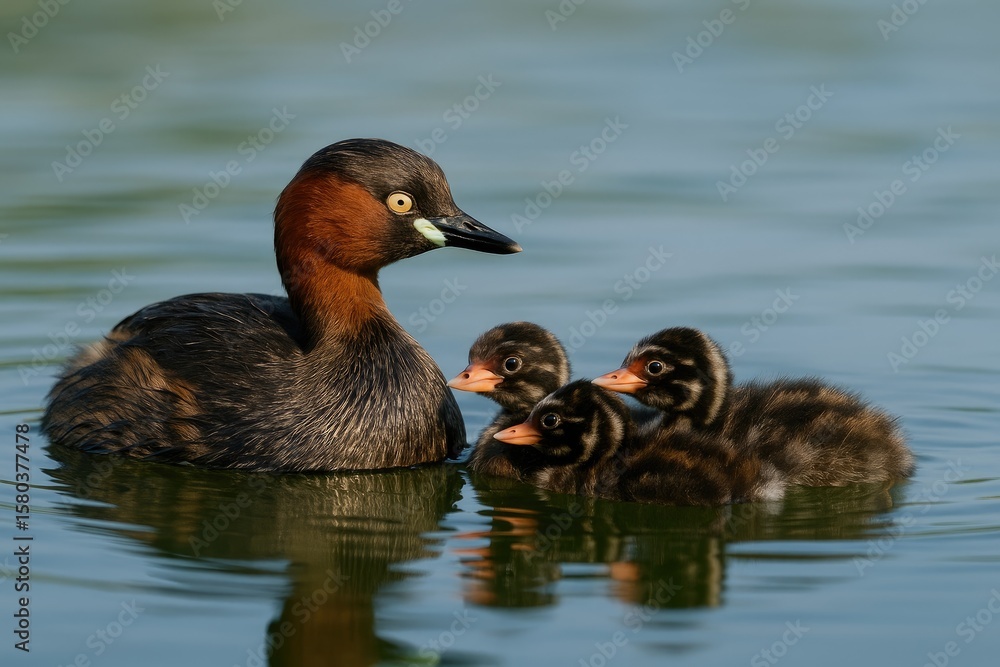 Little grebe caring for her chicks at a serene lake scene Little grebe caring for her chicks at a serene lake scene