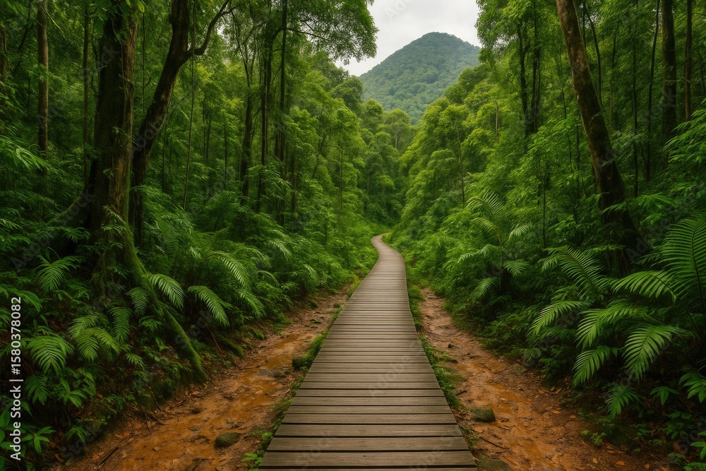 Obraz premium Trail through the lush, muddy rainforest in a renowned national park