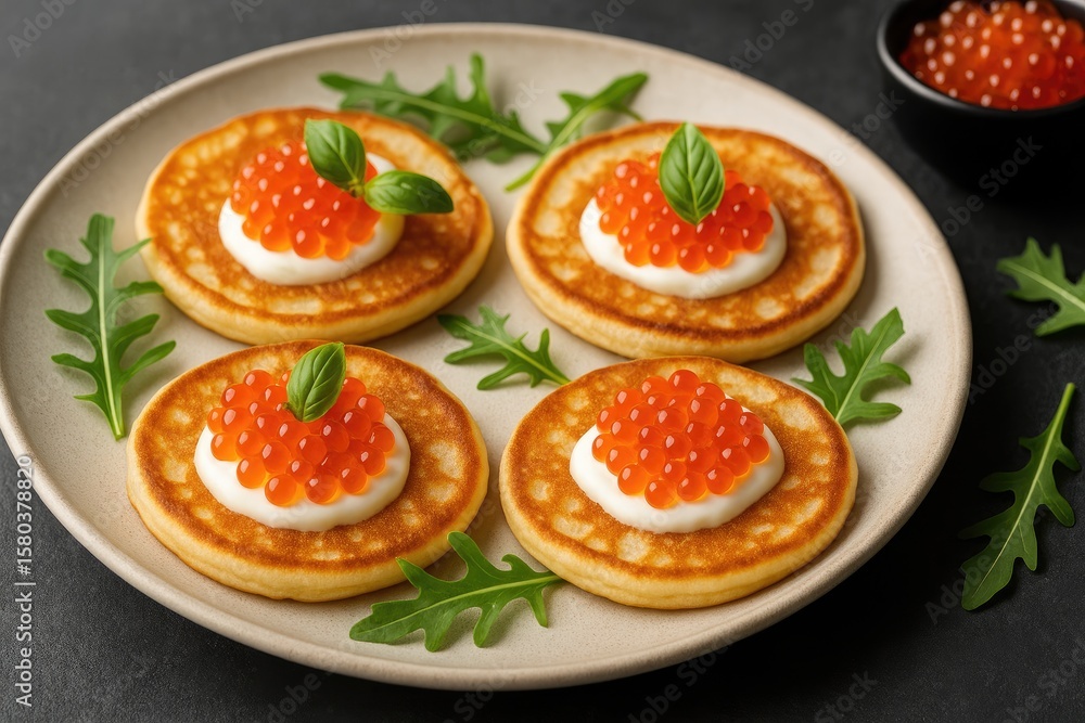 Delicious pancakes topped with luxurious caviar Delicious pancakes topped with luxurious caviar