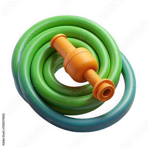 Green garden hose coiled with an orange nozzle isolated on transparent background