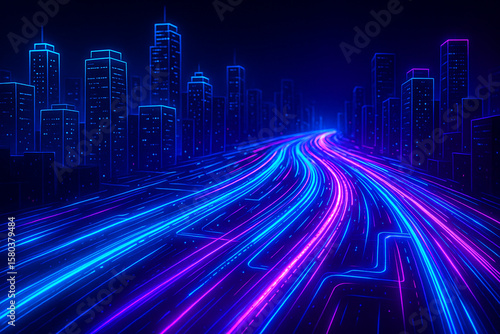 Stylized Digital Cityscape at Night with Neon Data Streams and Futuristic Network Glow