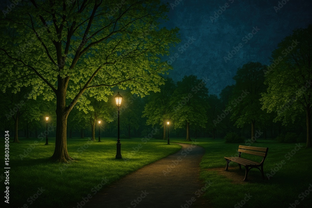 Fototapeta premium Nighttime park scene with a blue grunge backdrop