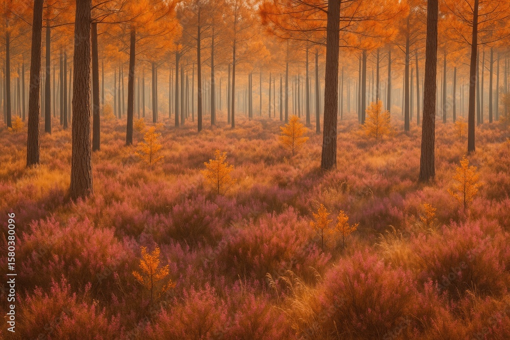 Fototapeta premium Autumn in the Gascogne woodland showcasing vibrant warm hues
