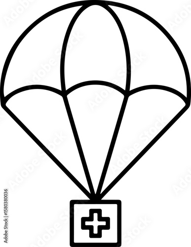 Medical aid package delivered by parachute with a white cross symbol