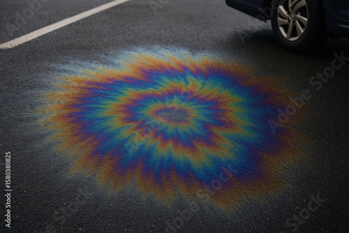 Environmental impact of oil leaks on dark pavement in a parking area