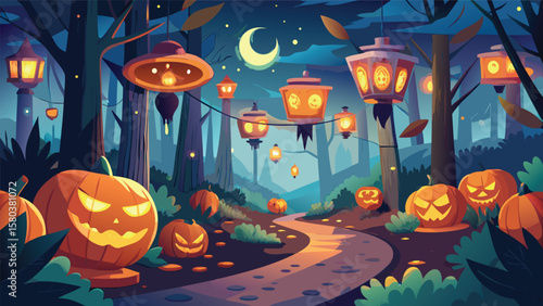 A halloween night scene with pumpkins lanterns and a crescent moon in the forest artwork style
