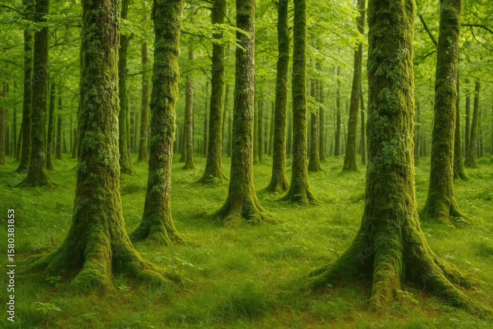 Fototapeta premium Cold air temperatures promote moss forest growth on tree trunks due to lichen development