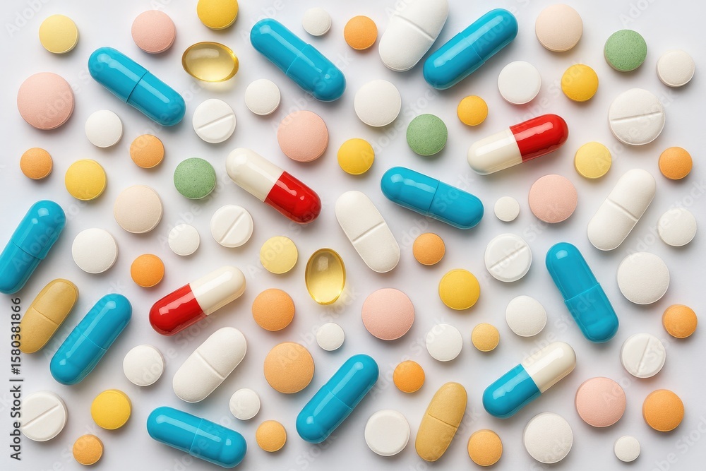 Colorful loose pills and medication tablets displayed openly Colorful loose pills and medication tablets displayed openly
