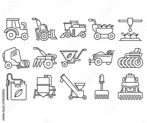 agriculture equipment icons set line illustration