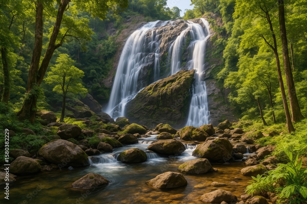 Fototapeta premium Hidden Tropical Waterfall Amidst Dense Forests