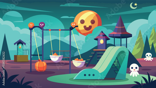 Cartoon playground at night with swings slide ghosts and a smiling sun under a crescent moon in the sky