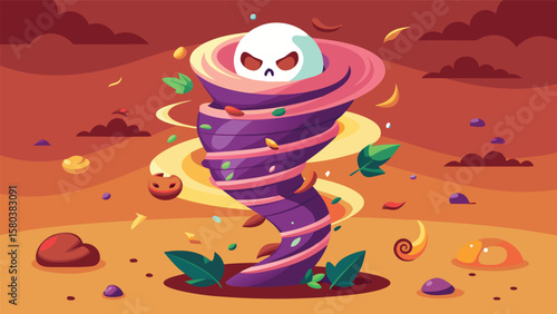Cartoon tornado with a skull on top surrounded by leaves and rocks in a desert landscape view