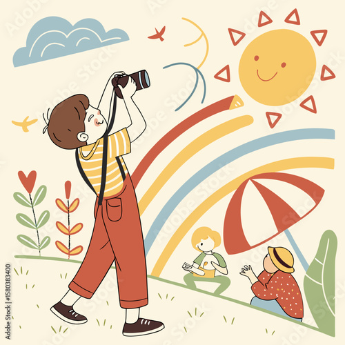 A tourist taking pictures of art displayed on a wall while others are walking in the background view