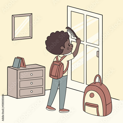 Illustration of a girl in school uniform checking her hair in a mirror with a pencil in her hand