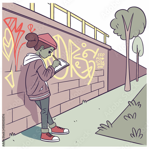 A girl sketches graffiti on a wall while another person waits at a bus stop in an urban setting