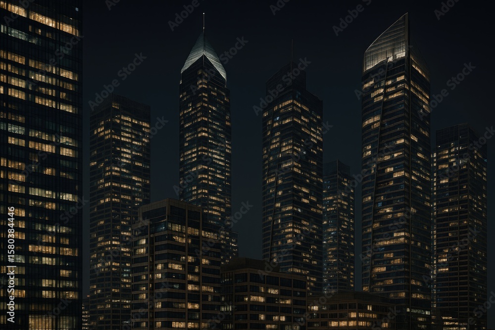 Naklejka premium Nighttime panorama of illuminated skyscrapers and contemporary commercial structures.
