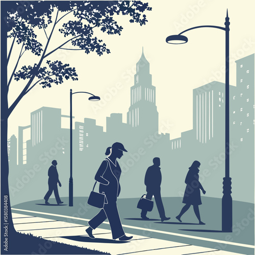 People walking on a city street with tall buildings and street lights in a vintage style illustration
